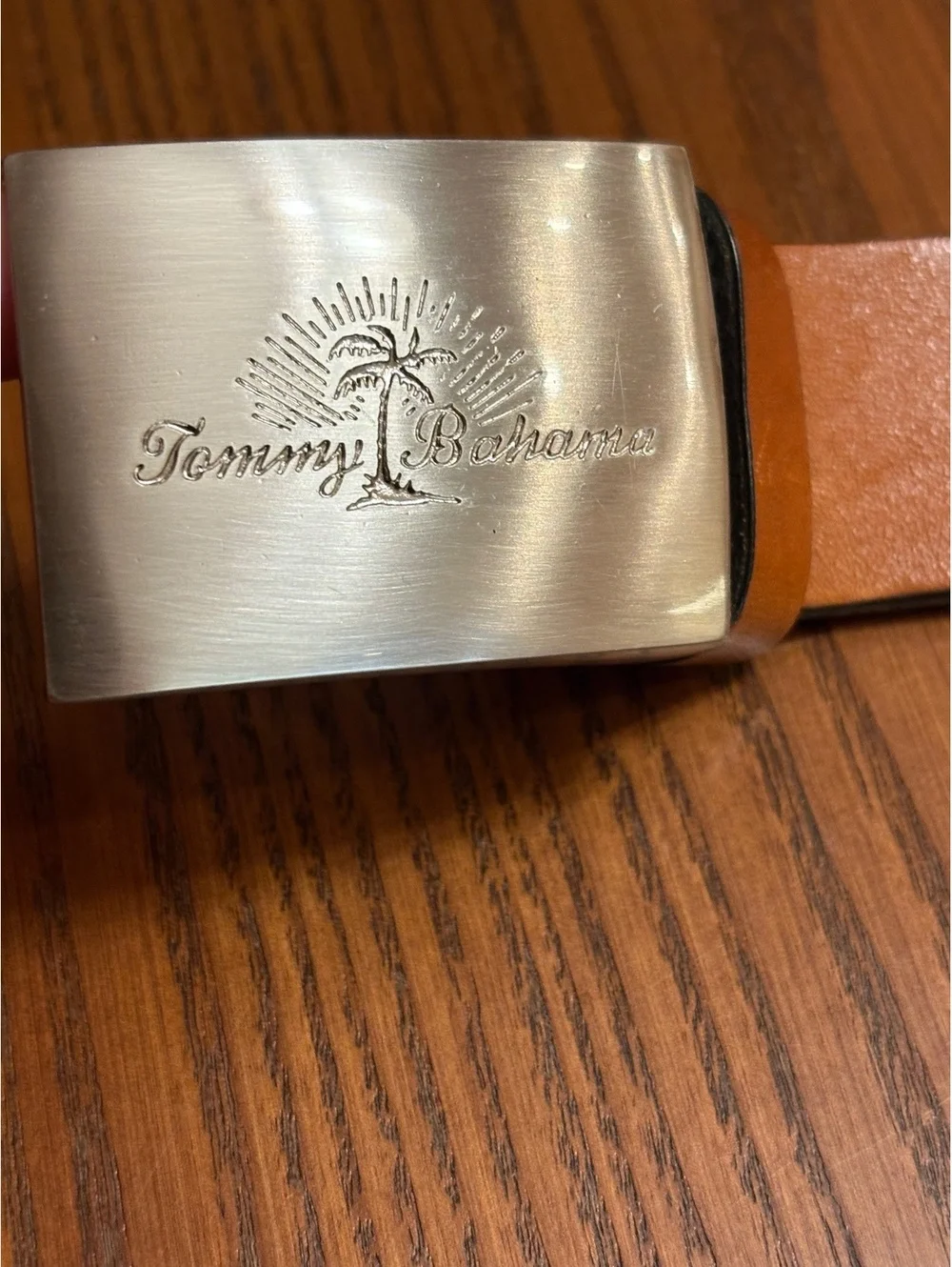 Tommy Bahama Men’s Tan Leather Belt – Brushed Silver Logo Buckle – Size 36